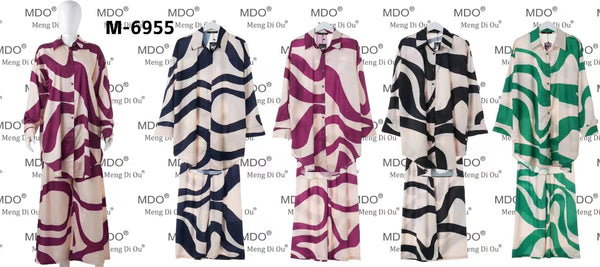 MDO women's Printed single-Breasted casual long sleeve shirt & wide Leg pants one dozen （12 piece）M-6955